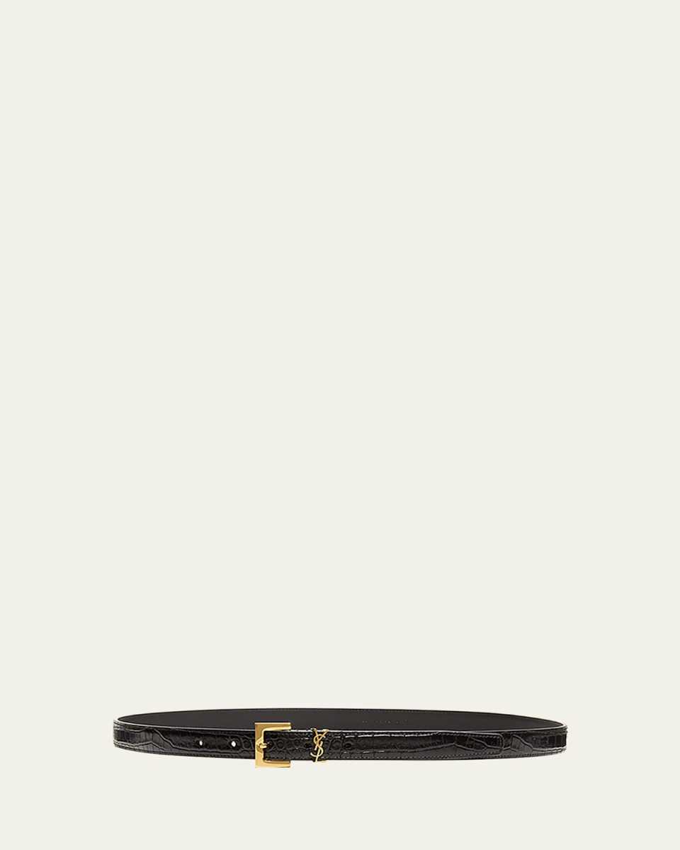YSL Croc-Embossed Skinny Belt