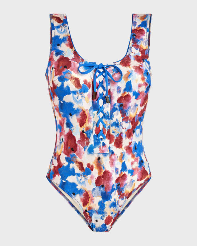 Flowers In The Sky Jersey Lace-Up One-Piece Swimsuit