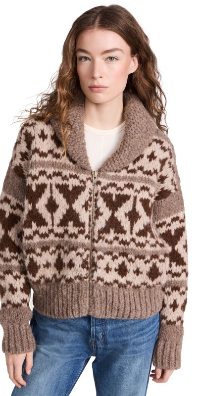 FRAME Zip Up Fairisleweater Oatmeal Multi
