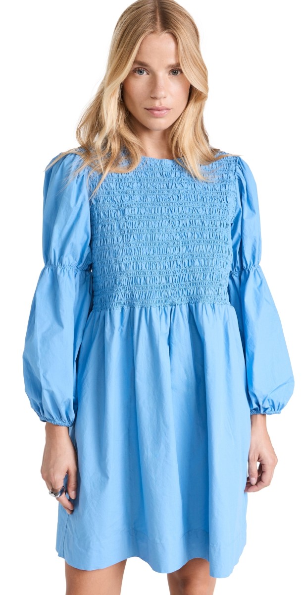 GANNI Cotton Poplin Mini Smock Dress Silver Lake Blue