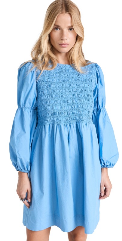 GANNI Cotton Poplin Mini Smock Dress Silver Lake Blue