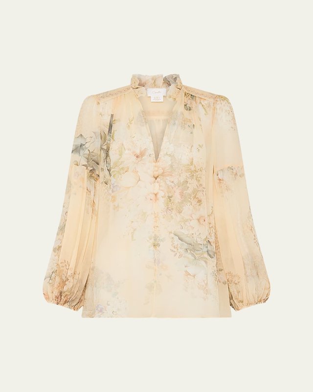 Silk Frill Collared Blouson-Sleeve Blous