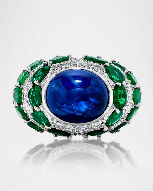 18K White Gold Emerald, Diamond and Blue Sapphire Ring