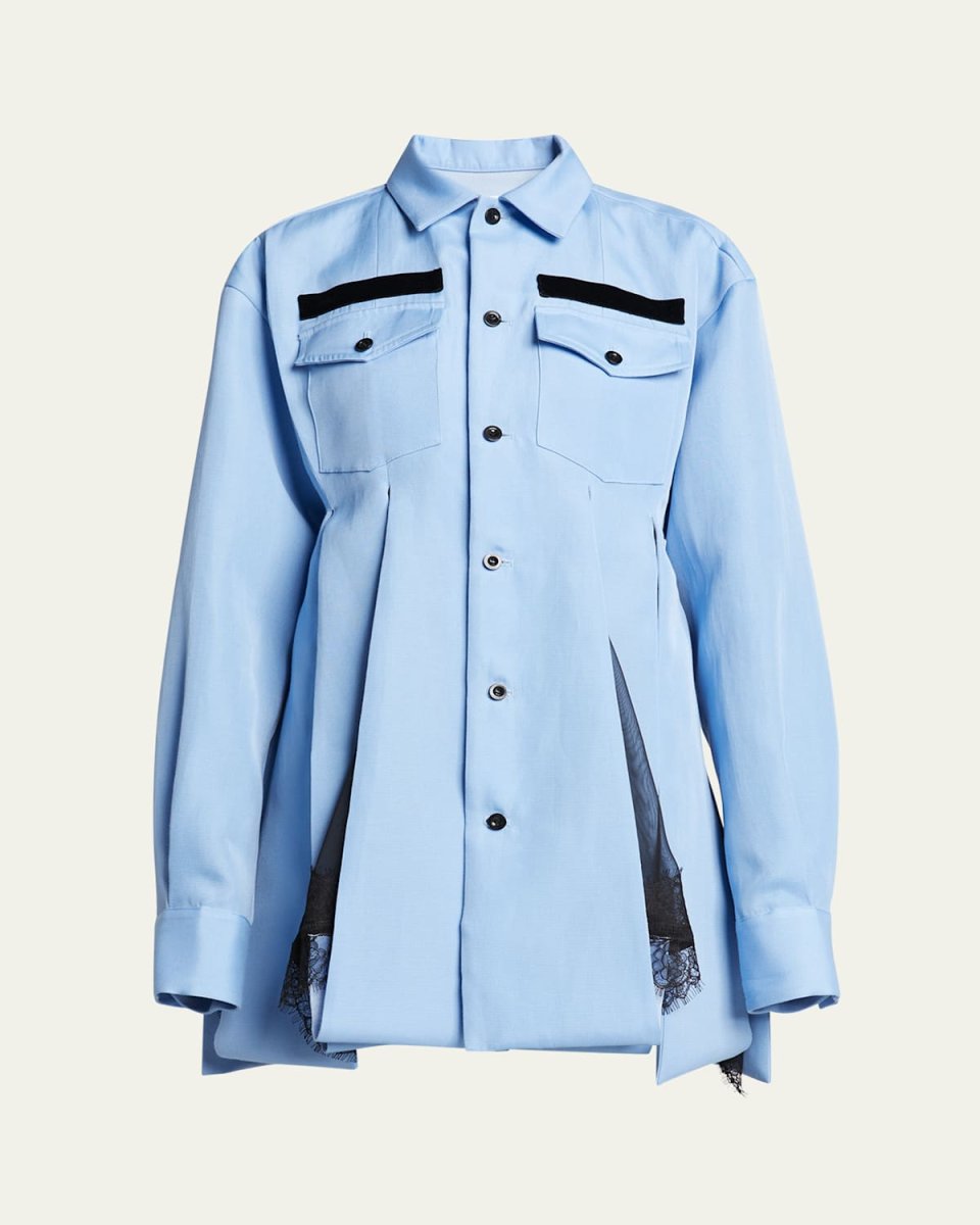 Pleated Button Down Lace Underlay Mini Shirt Dress
