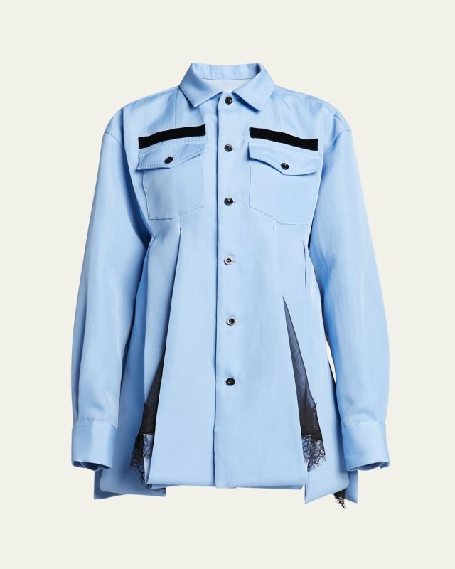 Pleated Button Down Lace Underlay Mini Shirt Dress