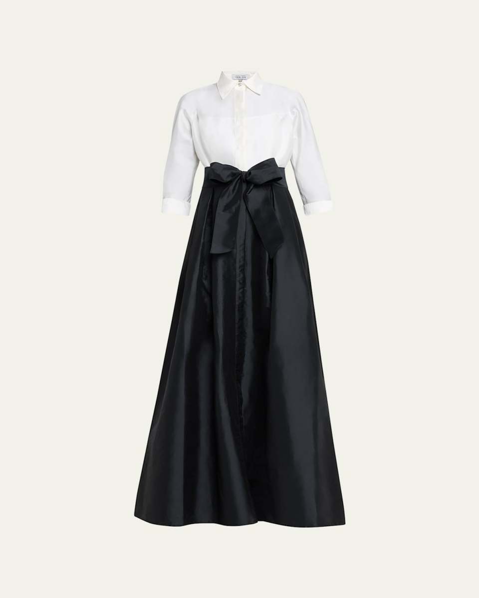 Two-Tone 3/4-Sleeve Taffeta Shirtdress Gown