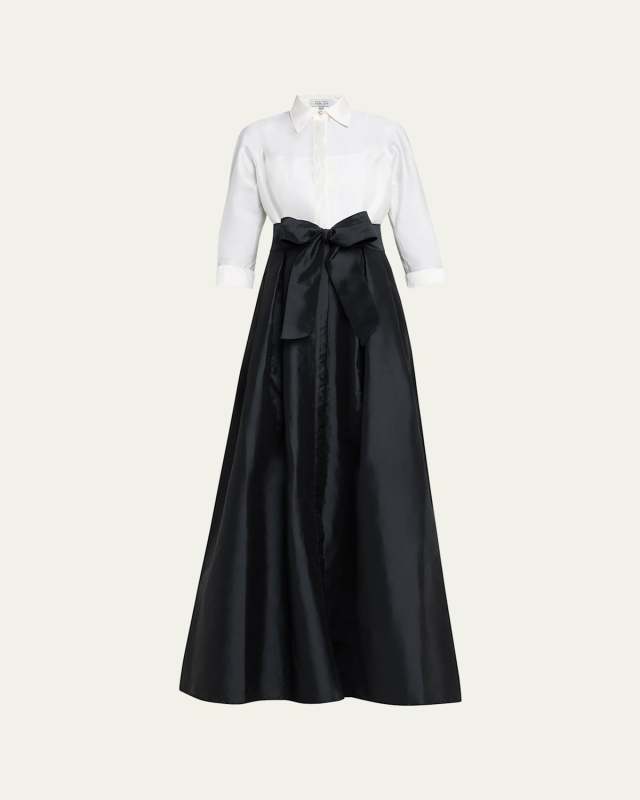 Two-Tone 3/4-Sleeve Taffeta Shirtdress Gown