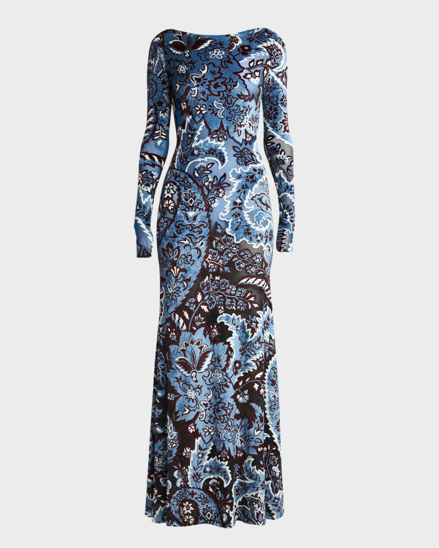 Paisley Devore Mesh Long-Sleeve Backless Gown