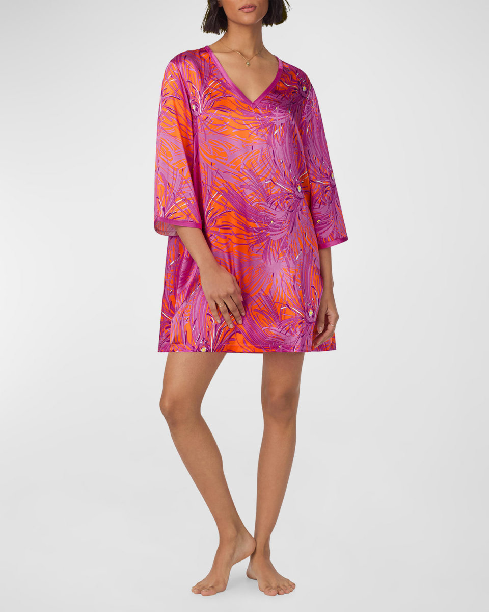Floral-Print Silk Satin Caftan