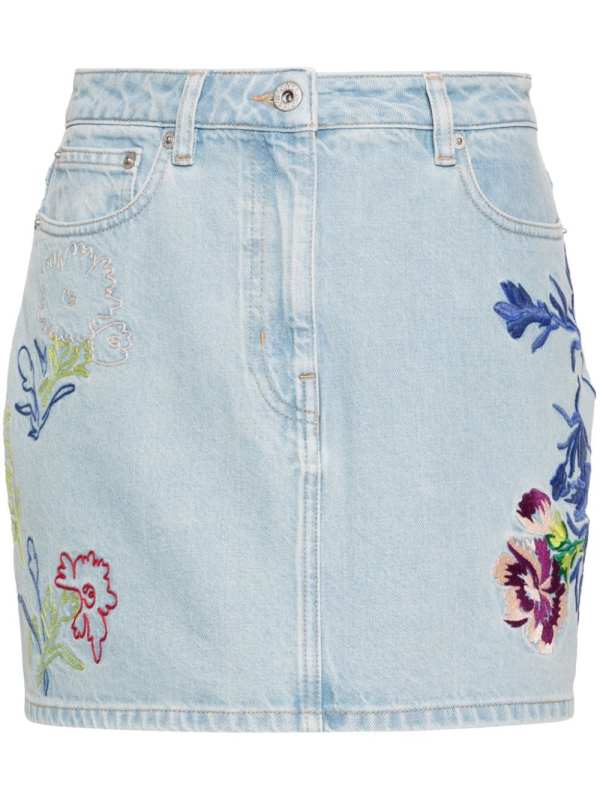 floral-embroidered denim mini skirt
