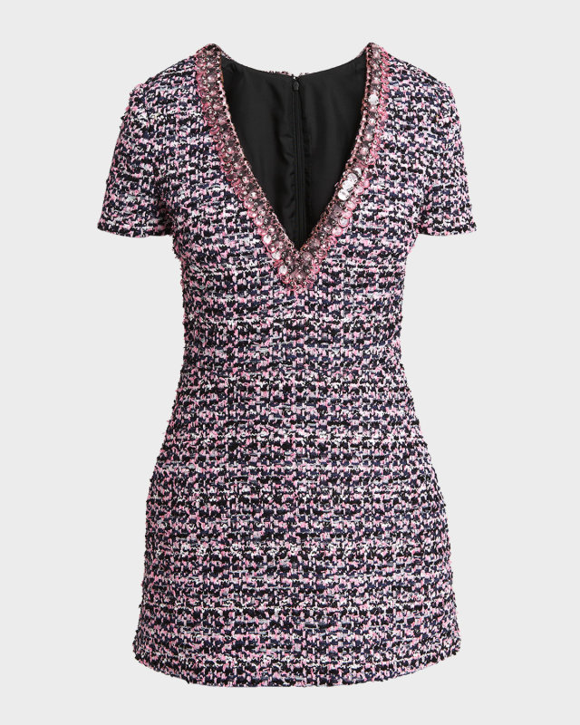 Plunging Sequined Ribbon Tweed Short-Sleeve Mini Dress