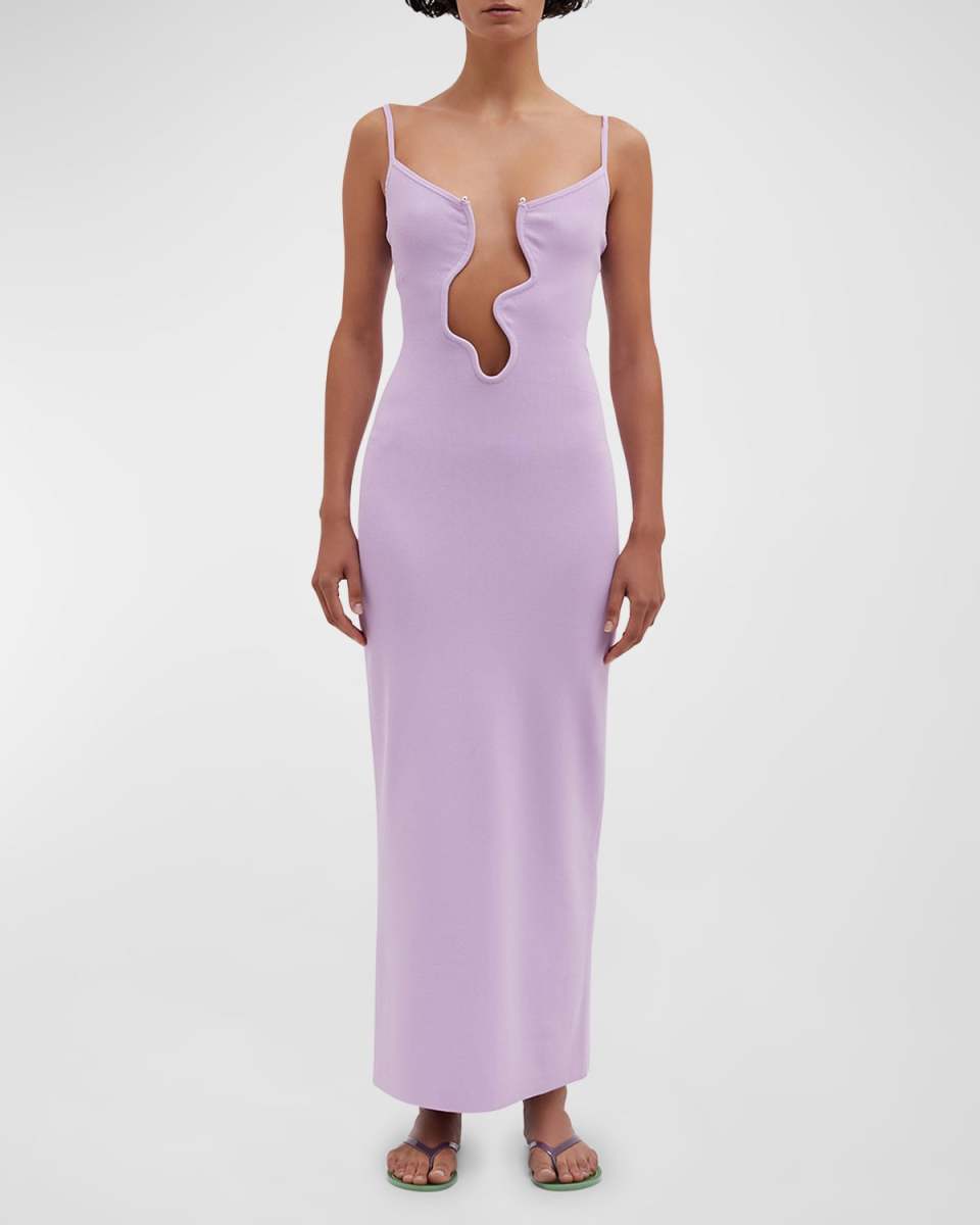 Salacia Plunging Wavy U-Ring Sleeveless Maxi Dress