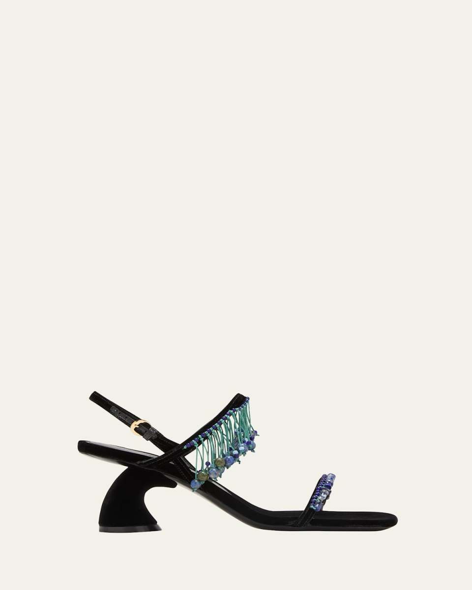 Velvet Beaded Fringe Slingback Sandals