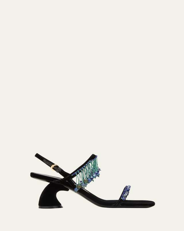 Velvet Beaded Fringe Slingback Sandals
