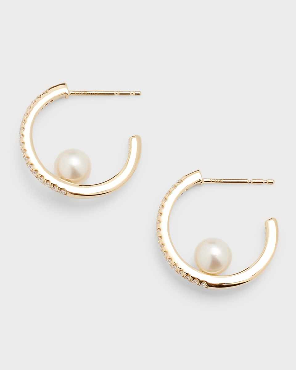 Pave Diamond Hoop Earrings with Freshwater Pearls