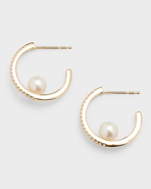 Pave Diamond Hoop Earrings with Freshwater Pearls