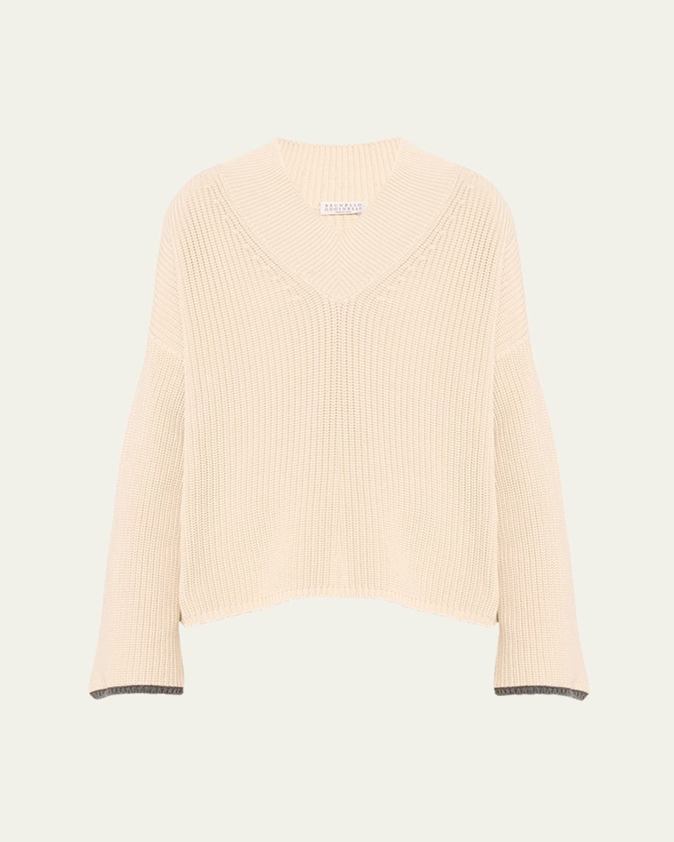 Exaggerated-Sleeve Ribbed V-Neck Sweat