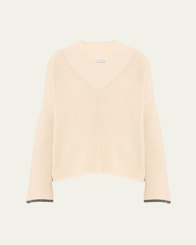 Exaggerated-Sleeve Ribbed V-Neck Sweat