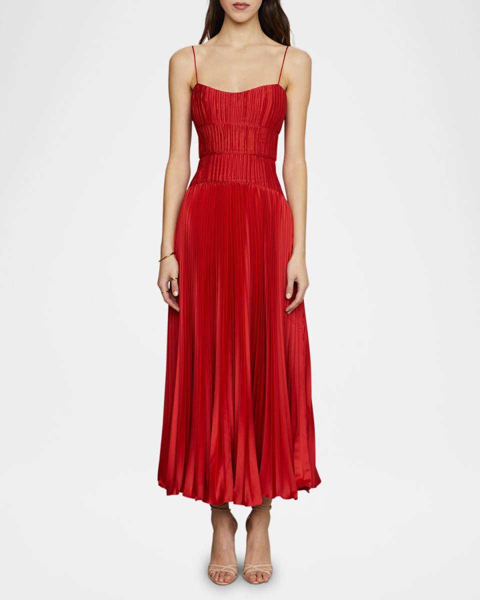 Cherry Pleated Drop-Waist Midi Dress