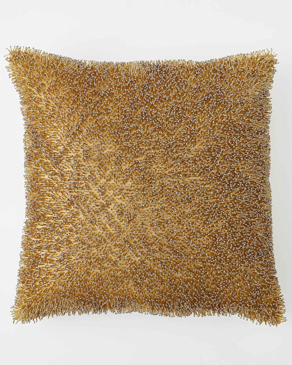 Golden Beaded Shag Pillow, 20" Square