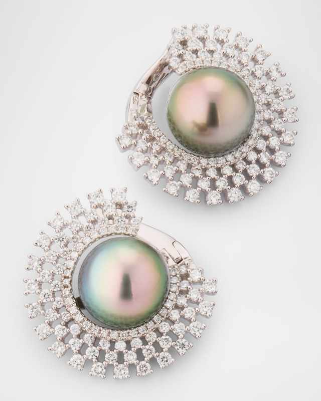 18K White Gold Diamond and Tahitian Pearl Hoop Earrings