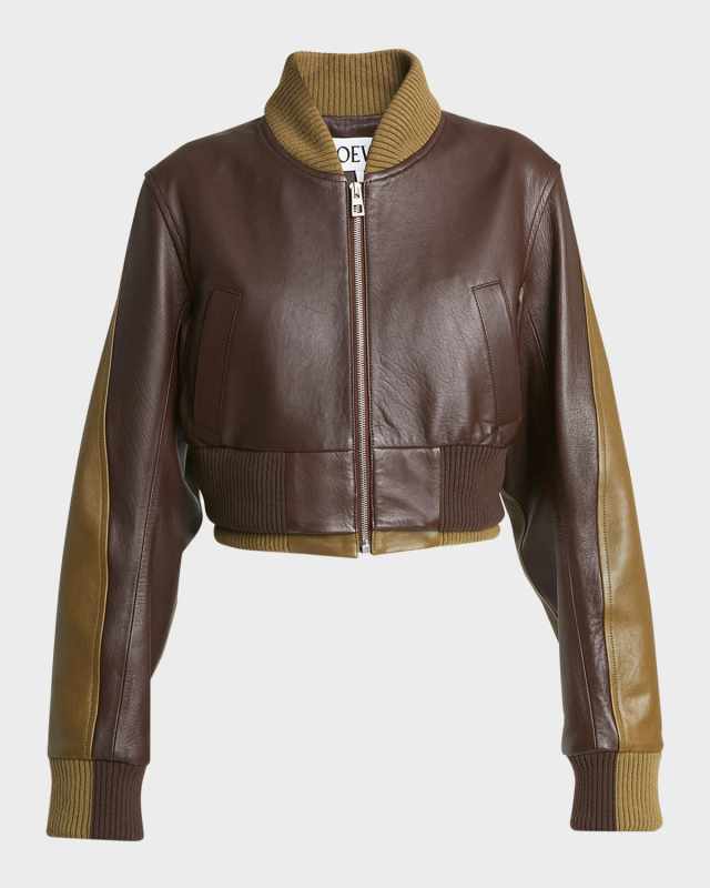Two-Toned Leather Cropped Bomber Jacket