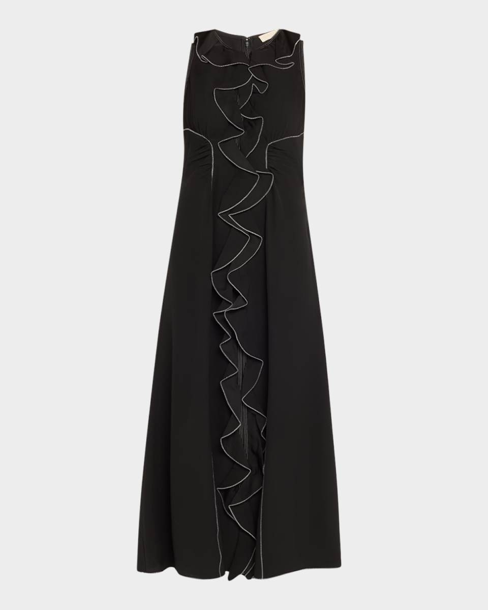 Lille Topstitched Long Sleeveless Ruffle Dress
