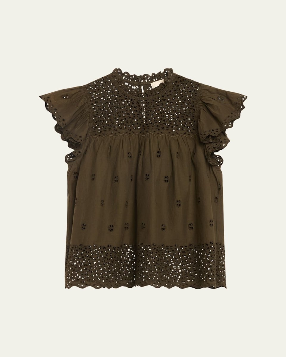 Kassi Ruffle-Sleeve Embroidered Cotton Top