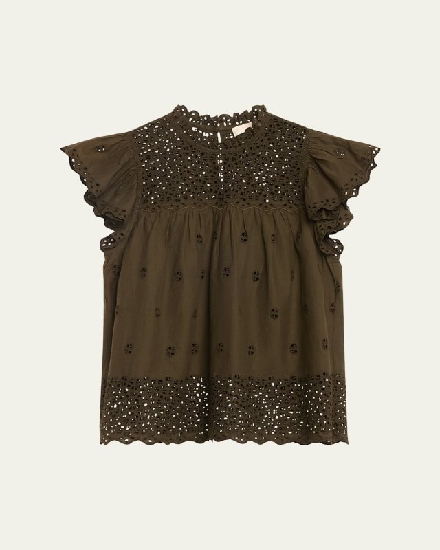 Kassi Ruffle-Sleeve Embroidered Cotton Top