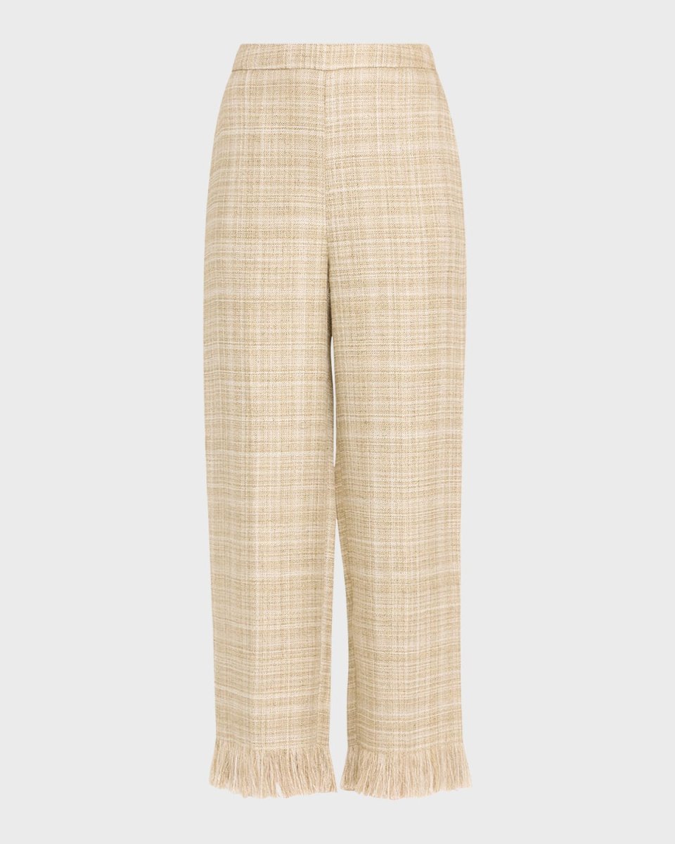 Sutton Silk-Linen Plaid Straight-Leg Fringed Ankle Pants