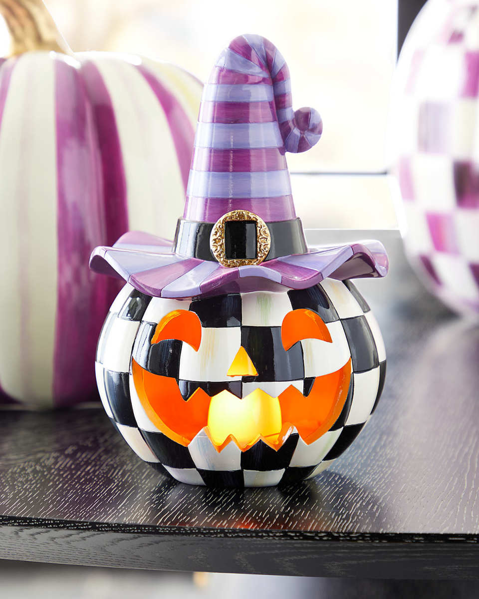 Illuminated Happy Jack Halloween Pumpkin With Purple Hat