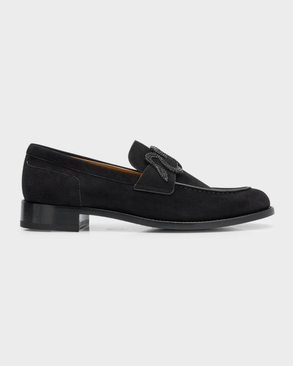 Suede Crystal Snake-Strap Loafers