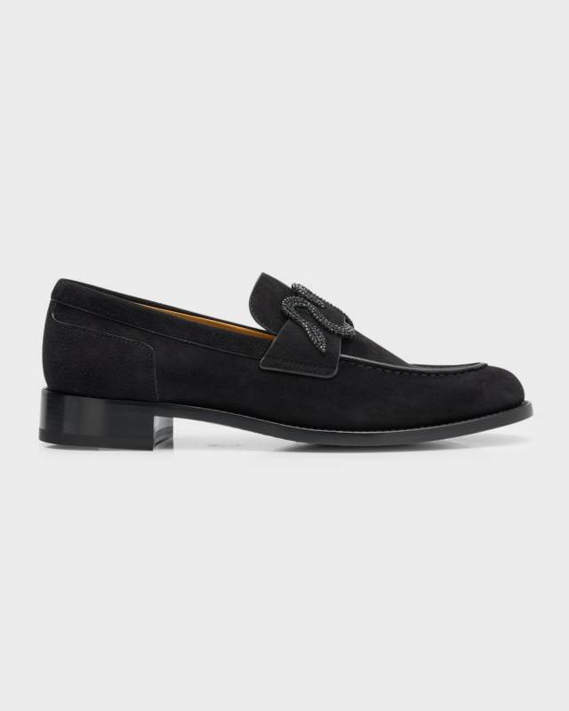 Suede Crystal Snake-Strap Loafers