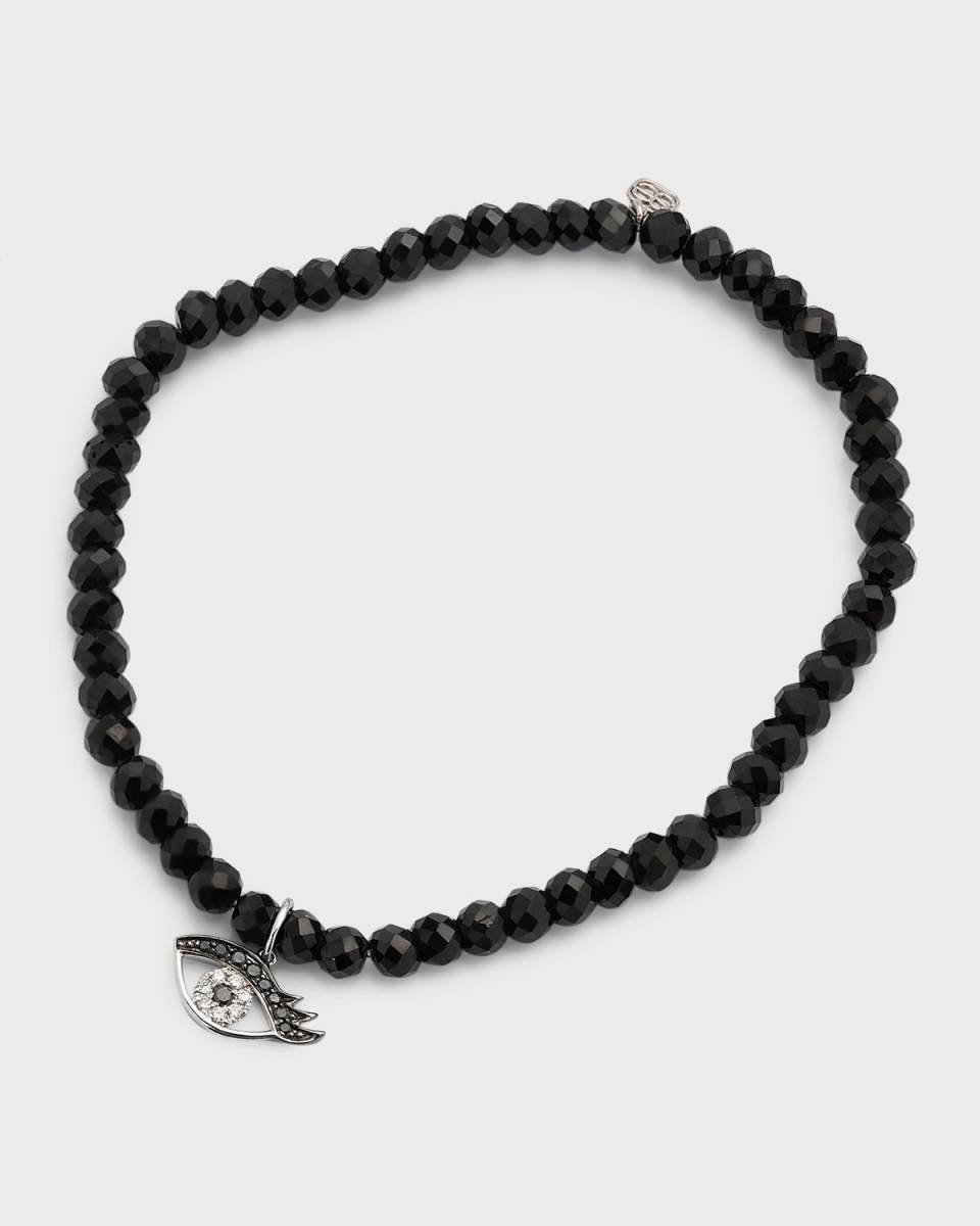 4mm Black Spinel Faceted Rondelle Bracelet With Small Diamond Evil Eye Charm