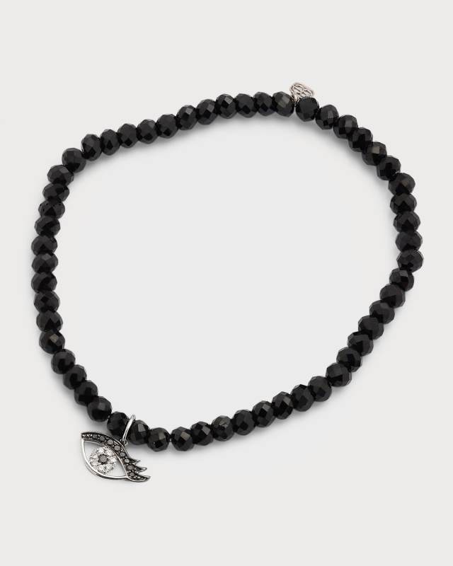 4mm Black Spinel Faceted Rondelle Bracelet With Small Diamond Evil Eye Charm