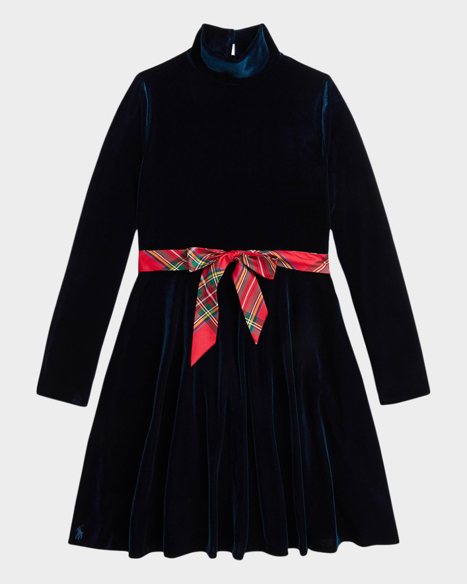 Girl's Velour Dress W/ Plaid-Print Bow, Size S-XL