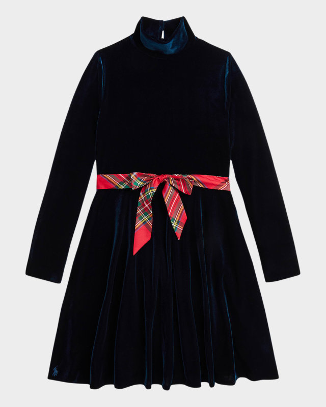 Girl's Velour Dress W/ Plaid-Print Bow, Size S-XL