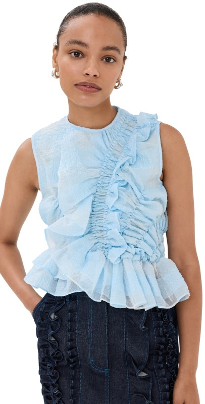 Cecilie Bahnsen Gingham Jacquard Light Blue Geo Top Light Blue