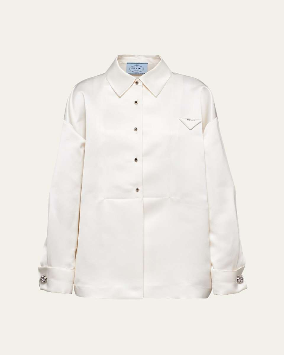 Boxy Crystal Button Satin Double Shirt