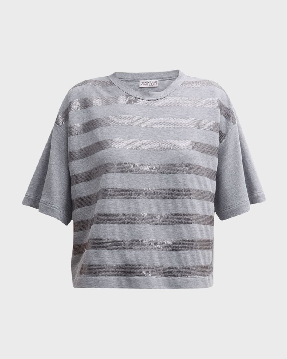 Horizontal Paillette Striped Short-Sleeve Pique Top