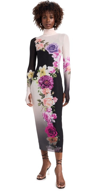 AFRM Shailene Turtleneck Long Sleeve Midi Dress Colorblock Floral