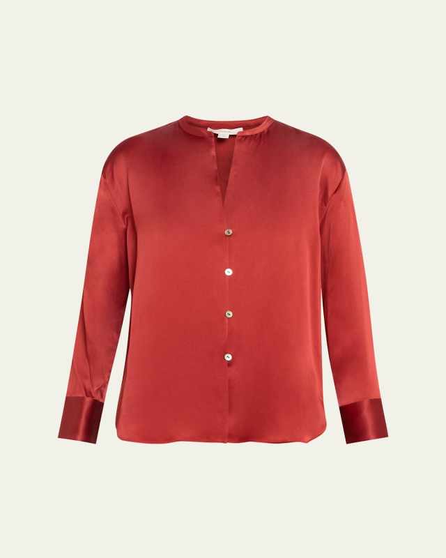 Band-Collar Long-Sleeve Silk Blouse