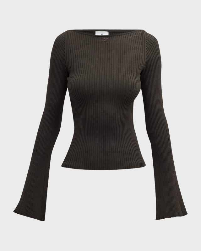 Boat-Neck Flare-Sleeve Rib Sweat