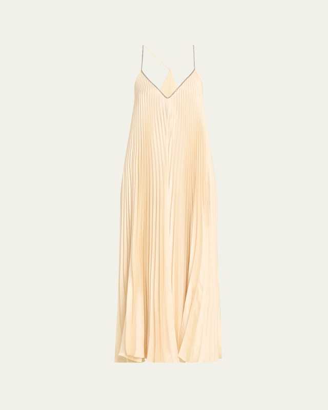 Soft Satin Pleated Midi Dress with Monili Strap Detail