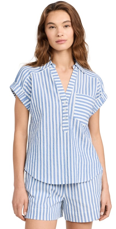 Veronica Beard Jean Almera Button Down Top Blue/White