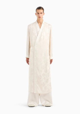 EMPORIO ARMANI Silk-blend satin overcoat with robe fastening and all-over ramage embroidery