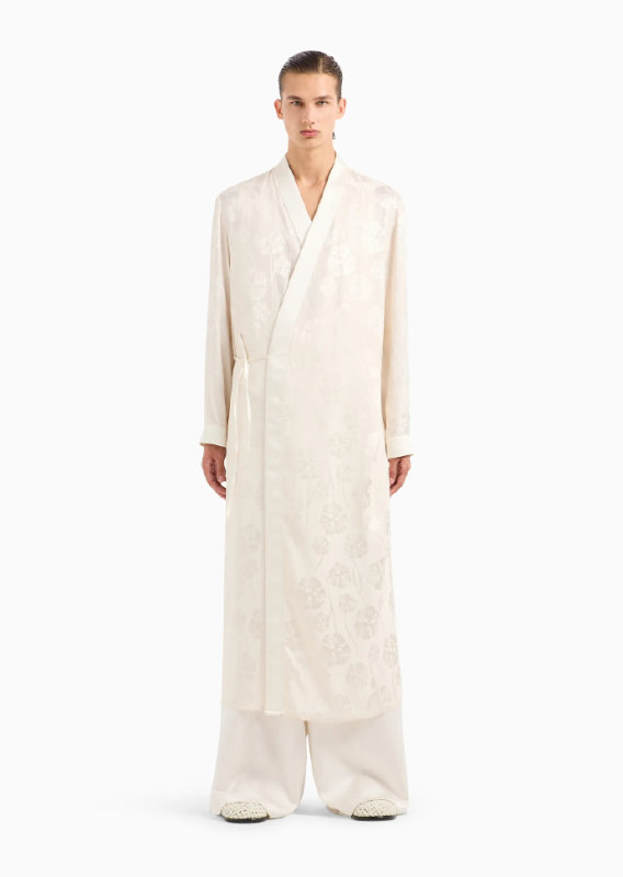 EMPORIO ARMANI Silk-blend satin overcoat with robe fastening and all-over ramage embroidery