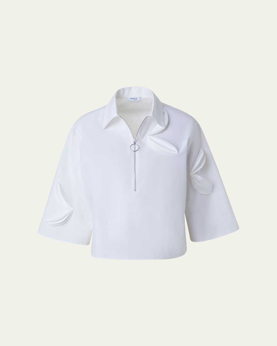 Bird-Applique Cotton-Gabardine Quarter-Zip Kimono Blouse