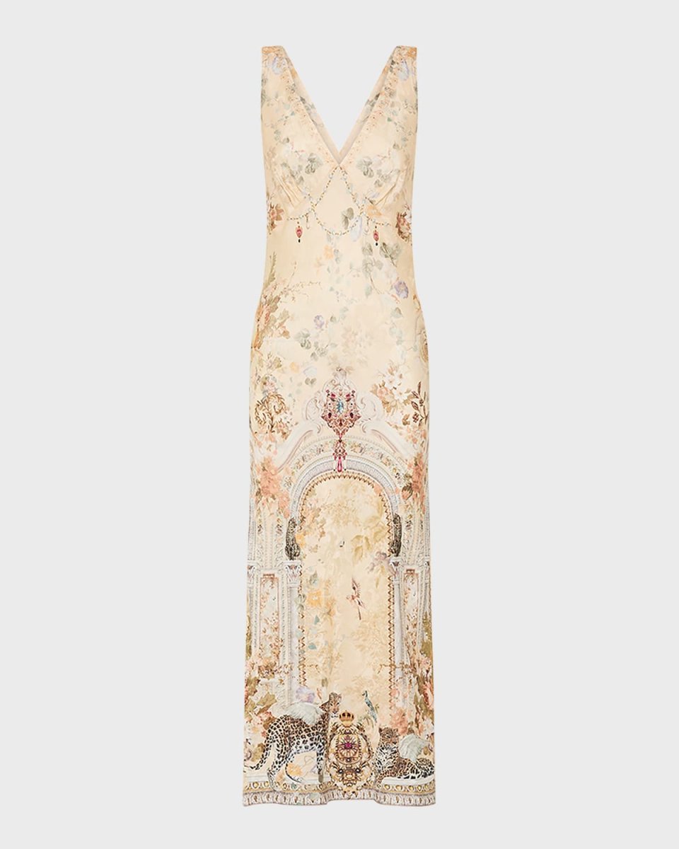 V-Neck Jacquard Slip Midi Dress