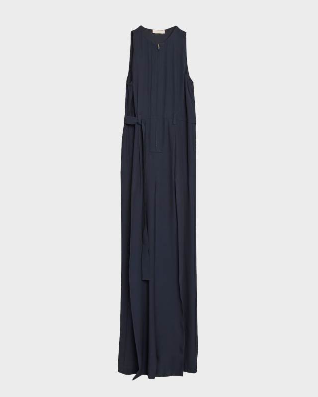 Camelia Sleeveless Belted Crepe Straight-Leg Jumpsuit